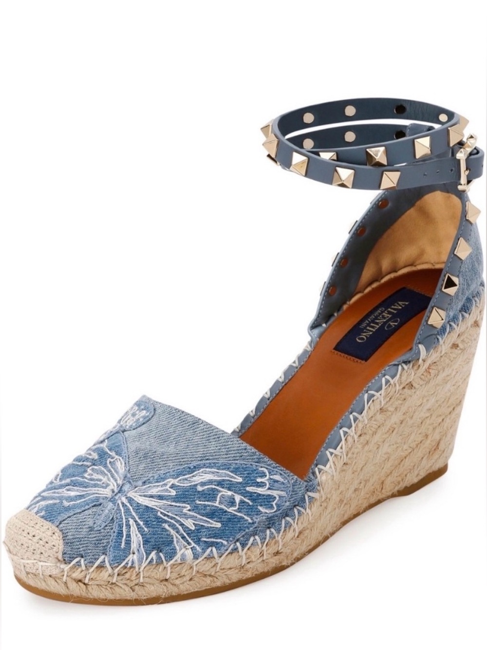 Valentino Garavani Rockstud Double Butterfly Espadrille Wedge Denim Sandal